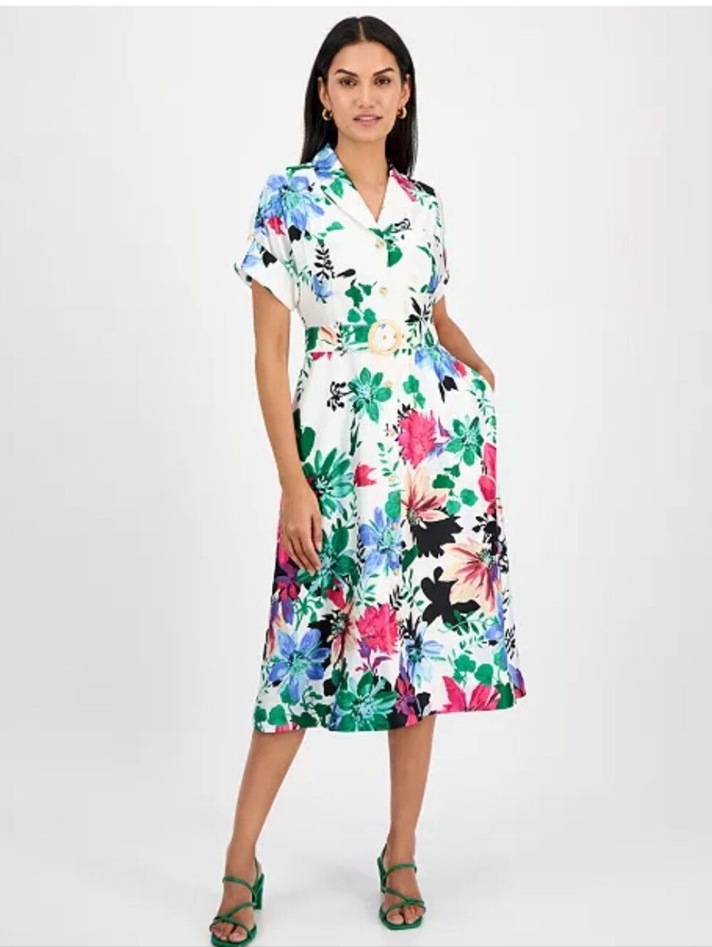 NWT Tahari ASL $169 Ivory Floral Belted Shirt Dress Size 8 Midi Button Front